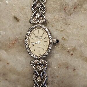 RARE CLASSIC CRISTIAN GENEVE DIAMOND 14K WHITE GOLD ROPE QUARTZ MOVEMENT WATCH